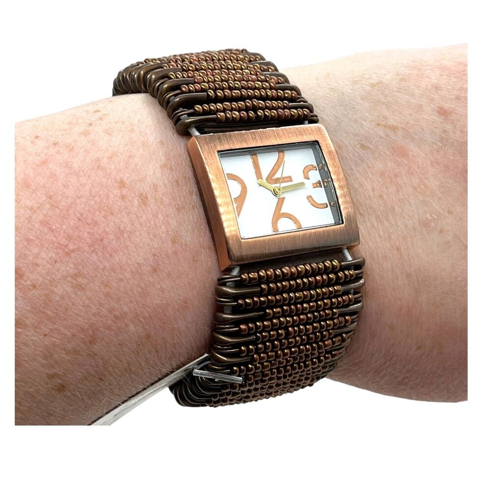 Watch Safety Pin Beaded Stretch Copper Tone Steampunk Punk Retro New with Tag